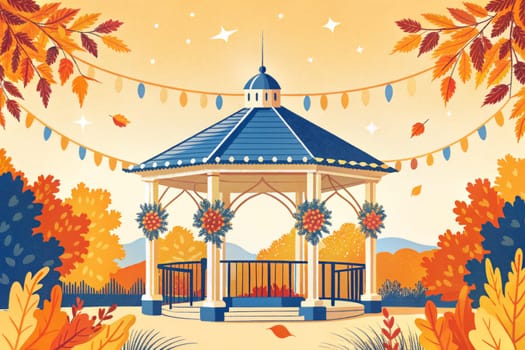 A charming gazebo stands in a park surrounded by vibrant fall foliage. The gazebo is decorated with colorful lights and wreaths, creating a festive atmosphere.
