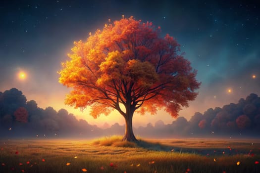A single tree, ablaze with golden leaves, stands tall in a field as the sun sets, casting a warm glow over the landscape. The sky is alive with twinkling stars, creating a magical and serene atmosphere.
