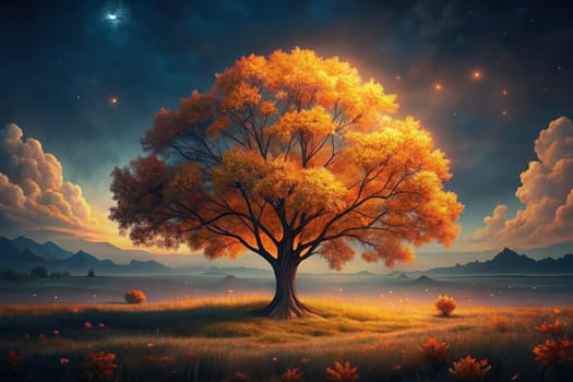 A single, vibrant golden tree stands tall in a field surrounded by smaller trees and mountains. The sky above is a rich blue canvas dotted with glittering stars. The air is clear and crisp, with a faint glow of orange from the setting sun.