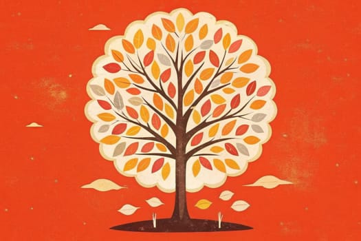 A stylized tree stands tall against a pale sky dotted with fluffy clouds. Its branches are laden with leaves in shades of gold, crimson, and ochre. A gentle breeze rustles the leaves, sending a few fluttering to the ground below.