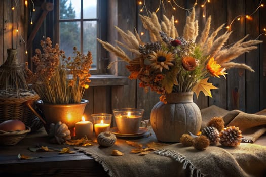 An assortment of dried flowers and grasses in a rustic vase sit on a wooden table, illuminated by candlelight. The table is set with a burlap runner and scattered autumn leaves. The scene is framed by a window with a view of a blurred autumn landscape.