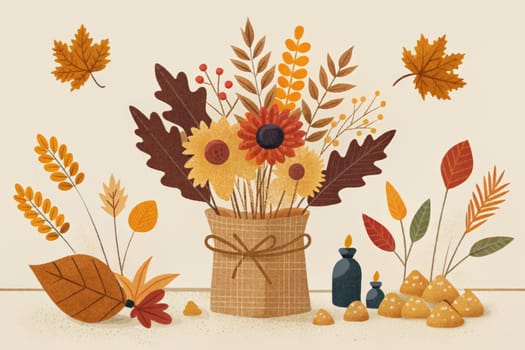 A vase filled with a colorful autumnal bouquet of yellow, red, and orange flowers is nestled amongst scattered leaves, candles, and small, round objects, all on a neutral background. The image evokes a warm and comforting feeling of the fall season.
