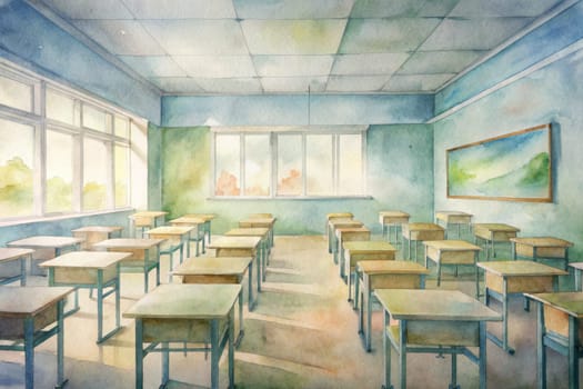 Sunlight streams through the windows of a quiet classroom, illuminating the rows of empty desks and chairs. The pale green walls and simple furniture create a serene atmosphere, hinting at the anticipation of learning and the possibilities that await the students.
