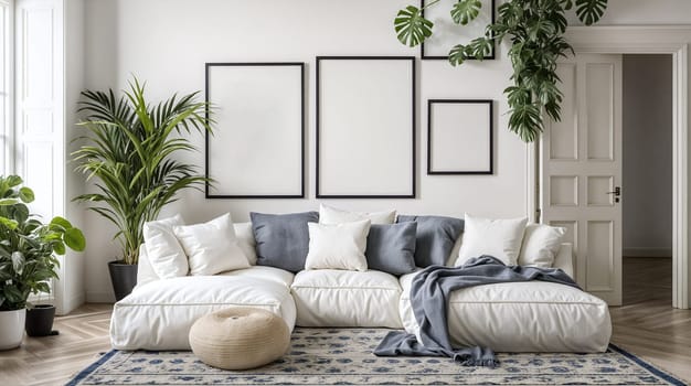 A contemporary living area featuring a white sofa adorned with cushions, a plush rug, framed wall art, and houseplants contributing to a serene ambiance - Generative AI