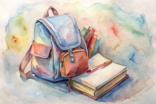 A watercolor painting depicts a still life scene featuring a brown leather backpack, a white mug, and an open book with a yellow pencil resting on top. The scene is set against a soft, blue watercolor background.