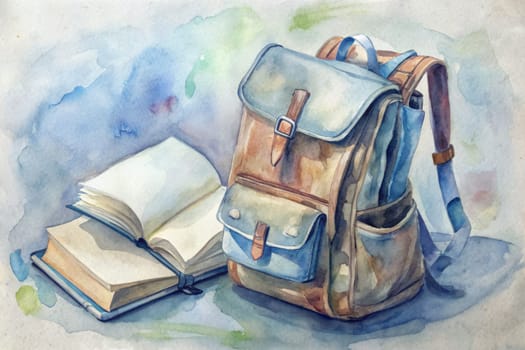 A watercolor painting depicts a still life scene featuring a brown leather backpack, a white mug, and an open book with a yellow pencil resting on top. The scene is set against a soft, blue watercolor background.
