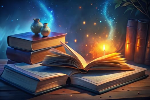 A mystical book lies open on a wooden table, its pages illuminated by an ethereal glow. Candles flicker, casting warm shadows on the surrounding objects, including a bookshelf filled with leather-bound tomes and various ancient artifacts. The scene is bathed in the soft light of the moon, suggesting a powerful magic at play.