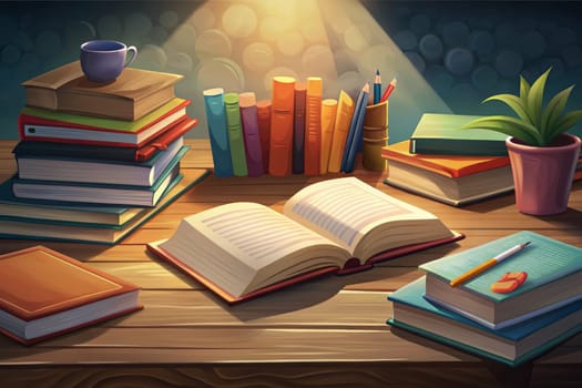 A wooden table is covered in books, with one open book resting in the center, bathed in the warm light of a lamp. Pens, pencils, and a cup are also present on the table, creating an inviting atmosphere for reading and writing.