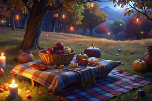 A cozy picnic blanket is spread out under the glowing light of a full moon, nestled amongst the trees and fallen leaves. A basket overflowing with fruit sits next to plates of ripe berries, offering a delightful scene of autumnal tranquility.