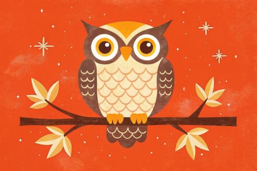 A wise owl with large, round eyes sits on a branch, looking out at the night sky. The moon is visible behind the owl, shining brightly. The sky is a warm orange with scattered white stars. The owl's feathers are detailed in a pattern of black, white, and gold.
