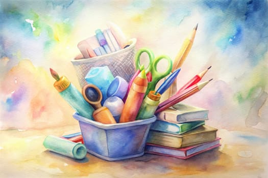 A vibrant collection of school supplies, including pencils, markers, a ruler, a pencil sharpener, an eraser, a paperclip, and a compass, are arranged in a chaotic yet artistic composition. The bold colors and geometric shapes create a playful and dynamic image.
