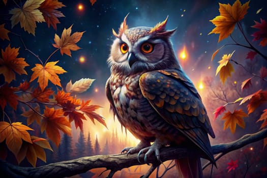 A wise, majestic owl perches on a branch, its golden eyes gleaming under the soft light of a full moon. The leaves of the surrounding trees have transformed into vibrant hues of autumn, casting a warm glow over the serene woodland scene. A shooting star streaks across the sky, adding a touch of magic to the night.