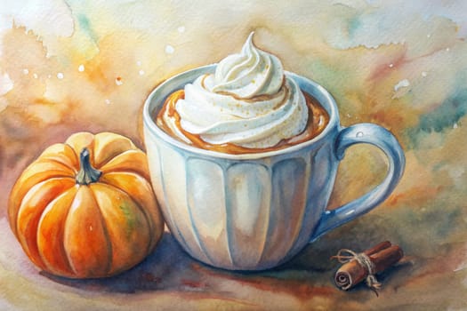 A watercolor painting depicts a warm pumpkin spice latte topped with whipped cream, nestled next to a miniature pumpkin and two cinnamon sticks. The background features a whimsical watercolor wash with falling leaves, suggesting an autumnal setting.