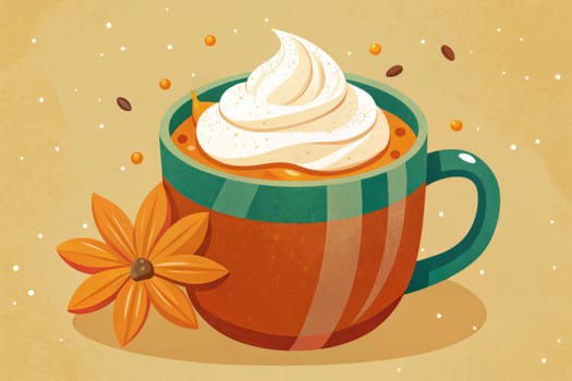 A warm pumpkin spice latte with a generous dollop of whipped cream is depicted in a stylized mug, perfect for a cozy autumn day. A single orange flower rests at the base of the mug, adding to the seasonal charm.