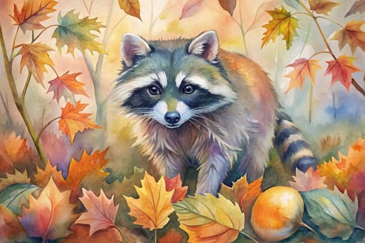 A raccoon with a curious expression stands on a mound of fallen leaves, its eyes focused on something out of frame. Autumn leaves of various colors swirl around it, creating a vibrant and charming scene.