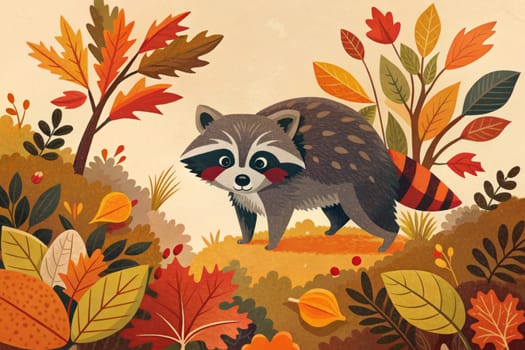 A raccoon with a curious expression stands on a mound of fallen leaves, its eyes focused on something out of frame. Autumn leaves of various colors swirl around it, creating a vibrant and charming scene.