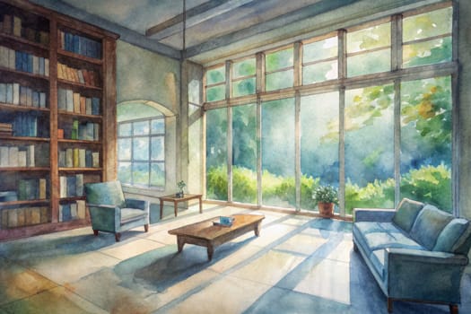Two comfortable armchairs sit facing each other in a well-lit room, bookcases lining the walls. A large window behind the chairs offers a view of a distant mountain range bathed in the soft glow of sunrise. Sunlight streams into the room, illuminating the warm, inviting space.