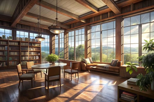 Two plush couches are placed facing a large window that frames a breathtaking view of a sun-kissed landscape, beckoning readers to settle in and lose themselves in the pages of a good book. The room is awash in warm, natural light that streams through the window, casting long shadows across the hardwood floor. Sunlight illuminates the shelves of the library, filled with volumes of knowledge and stories waiting to be discovered. The air is still and peaceful, perfect for quiet contemplation.