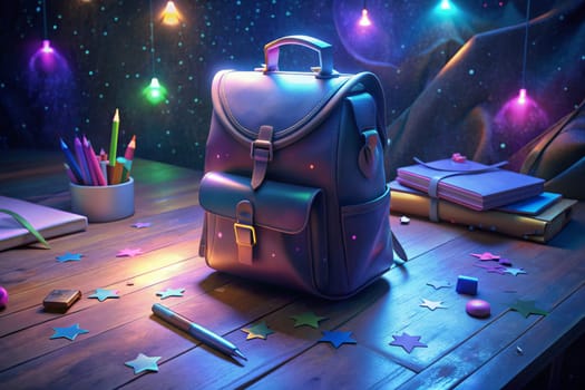 A leather backpack sits on a wooden table adorned with scattered stars, illuminated by a string of colorful lights hanging above. The backpack rests near an open notebook and a collection of colorful pencils in a cup. The scene creates a whimsical and magical atmosphere, evoking a sense of wonder and anticipation.