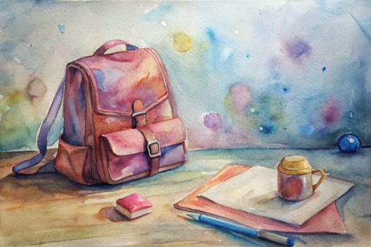 A watercolor painting depicting a still life with a brown backpack, a closed book, a smaller red book, two pencils, a blue sphere, an orange sphere, and a red button on a blue and green background.