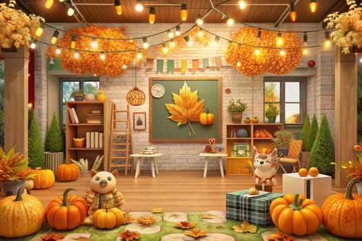 An empty classroom is decorated for the fall season, featuring a chalkboard with golden stars and autumn leaves, a table set with books and a clock, and a row of pumpkins in front of a window with colorful bunting strung across the ceiling.