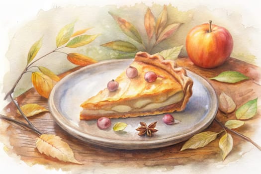 A slice of golden-hued pie, adorned with a delicate dusting of white, rests on a blue and white striped plate surrounded by fallen autumn leaves and ripe apples. The soft light filtering through the window creates a warm and inviting atmosphere, hinting at a cozy afternoon spent indulging in sweet treats and the changing seasons.