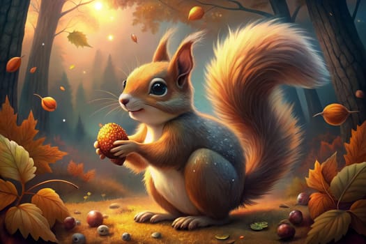 A cute squirrel sits on the forest floor, its bushy tail curled around its body. It holds a bright orange acorn in its paws, a look of wonder on its face. The air is filled with the scent of autumn leaves and the warmth of the setting sun.