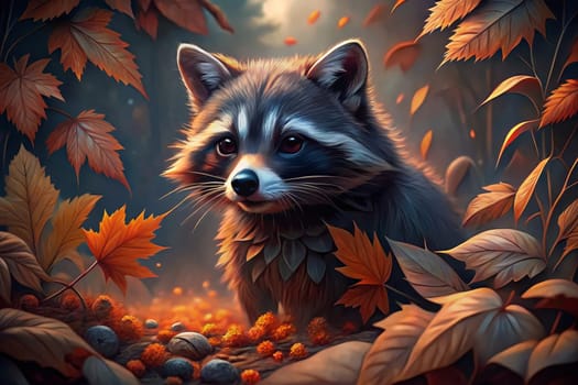 A raccoon with a black mask and dark eyes gazes inquisitively from behind a wall of vibrant autumn foliage. Its fur is a mix of brown, black, and white, and the leaves behind it are shades of red, orange, and yellow. A soft glow of sunlight shines through the trees, illuminating the scene.
