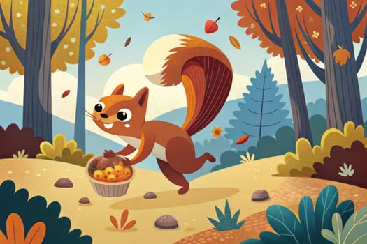 A blue squirrel stands on a grassy hill in the autumn woods, holding a nut in its paws. The trees behind it have orange leaves, and there are other colorful plants and flowers scattered throughout the image.