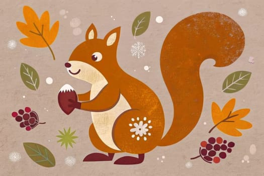 A cartoon squirrel with a black and white coat is holding a large acorn in its paws. The squirrel is sitting on a bed of leaves and rocks against a vibrant orange background.
