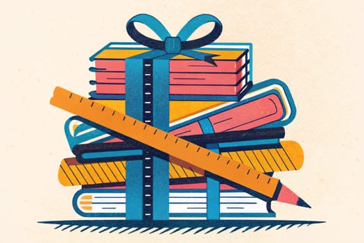 A stack of colorful books, pencils, and a ruler are tied together with a blue ribbon, suggesting a gift of learning.