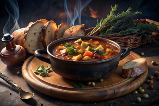 A steaming bowl of hearty stew, brimming with vegetables, meat, and beans, is set on a rustic wooden table. The stew is garnished with fresh herbs and is served with a crusty loaf of freshly baked bread. In the background, a warm fire crackles in the hearth, providing a cozy and inviting atmosphere.