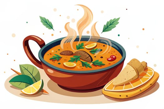 A bowl of steaming soup with a variety of ingredients sits on a table with a lemon wedge and a slice of bread. The soup is garnished with fresh herbs, and the steam rising from the bowl creates a sense of warmth and comfort.