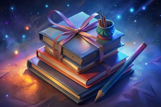 A stack of books, wrapped in a crimson ribbon and tied with a bow, sits on a wooden table. The books are illuminated by a single candle, casting a warm glow on the scene. The background is a dreamy sky with twinkling stars, creating a magical atmosphere.