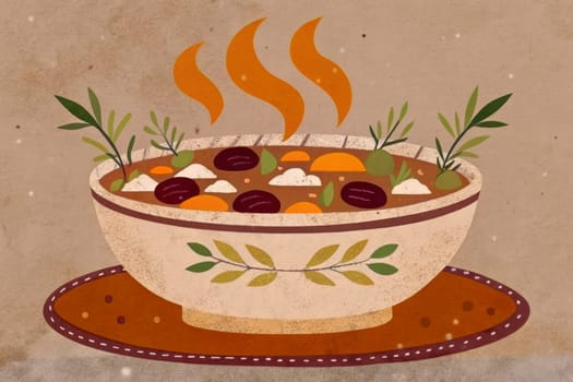 A steaming bowl of rich chocolate, topped with marshmallows and nuts, sits on a brown saucer. The bowl has a yellow and white pattern, and there are two brown leaves on either side of the bowl. The background is a vibrant red color, reminiscent of the season.