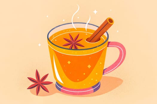 A steaming mug of spiced tea sits on a warm, beige background. Cinnamon sticks and star anise add a festive touch to the cup, evoking the comforting flavors of autumn.