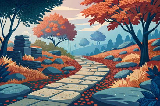 A winding stone path snakes through a vibrant forest, leading towards a misty mountain peak. The trees are adorned in autumn colors, with leaves of red, orange, and yellow scattered across the path. The scene is peaceful and tranquil, with a sense of mystery and adventure.