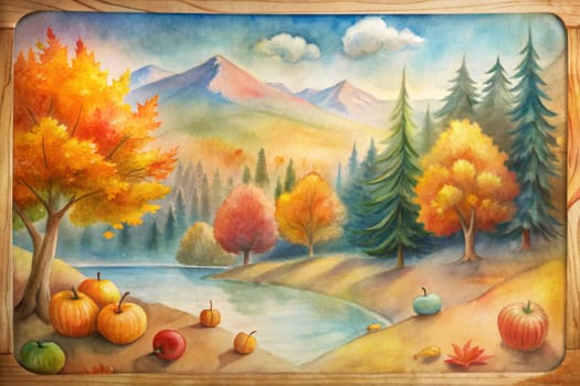 A watercolor painting depicts a tranquil autumn scene, featuring a winding river flowing through a valley surrounded by vibrant trees. The foreground is adorned with pumpkins and apples, casting a warm glow over the scene. Distant mountains rise in the background, creating a sense of depth and tranquility.