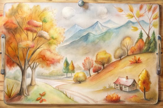 A watercolor painting depicts a tranquil autumn scene, featuring a winding river flowing through a valley surrounded by vibrant trees. The foreground is adorned with pumpkins and apples, casting a warm glow over the scene. Distant mountains rise in the background, creating a sense of depth and tranquility.