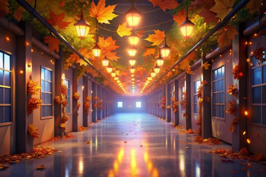 Golden leaves flutter down a dimly lit hallway, falling on the cobblestone floor and adorning the building's brick walls. Strings of colorful flags and lights decorate the passageway, creating a warm and inviting ambiance for an evening gathering.