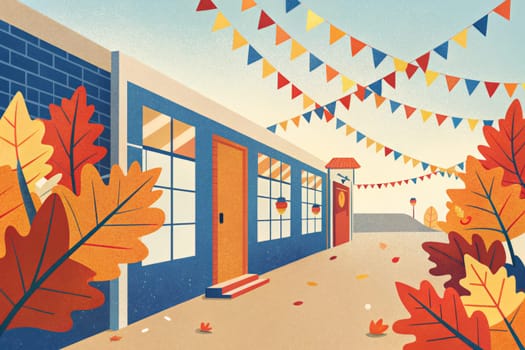 A colorful illustration depicting a brick building decorated with festive bunting. The building has large windows and an orange door. The scene is set in autumn, with colorful leaves falling to the ground.