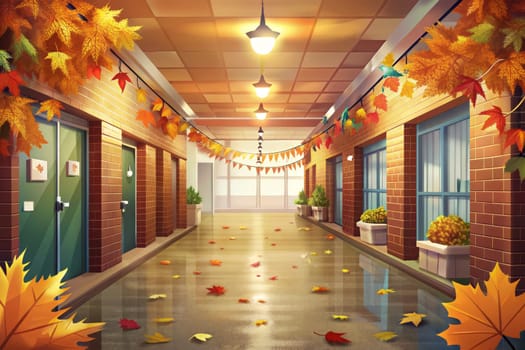 An empty hallway is decorated for autumn with bunting and maple leaves, creating a warm and inviting atmosphere. The hallway is lined with doors and windows, and the floor is polished and reflects the light. There are also some leaves scattered on the floor, adding to the autumnal feel.