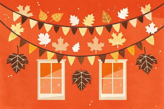A picturesque autumn scene unfolds, featuring a quaint building adorned with a festive string of pennants. The windows are lit with warm, inviting lights that cast a soft glow on the surrounding area. As the wind gently blows, colorful leaves dance and swirl through the air, creating a breathtaking display of autumn's vibrant palette.