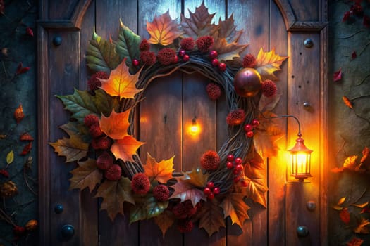 A beautifully crafted autumn wreath, composed of vibrant leaves, berries, and twigs, hangs on a weathered wooden door. A lantern, casting a warm, inviting glow, illuminates the wreath, creating a cozy and festive atmosphere.