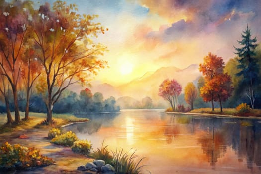 A peaceful scene unfolds on a tranquil lake in the heart of autumn. The golden rays of the setting sun bathe the water and the surrounding landscape in warm hues, creating a captivating spectacle of color and reflection. The towering trees, adorned in vibrant autumn foliage, frame the lake, their silhouettes mirrored in the shimmering water. A couple sits near the water's edge, basking in the beauty of the moment.