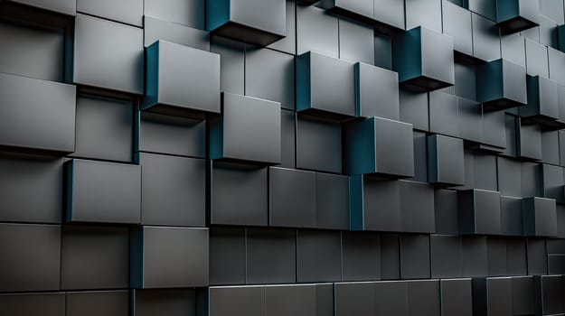 A close-up view of a wall made up of stacked, black cubes, with a few blue cubes interspersed in the design. The wall appears to be a modern architectural feature or abstract art piece - Generative AI