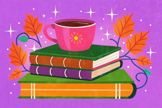 A steaming cup of coffee or tea sits atop a stack of two books, adorned with delicate leaves, against a backdrop of soft, red light. A string of lights hangs above, casting a warm glow on the scene, creating a sense of comfort and relaxation.