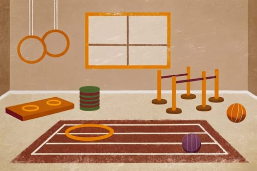 A cartoon-style illustration of an indoor gym space with a window, a striped mat, various colorful weight plates, a wooden barbell, and multiple rings hanging on the wall.