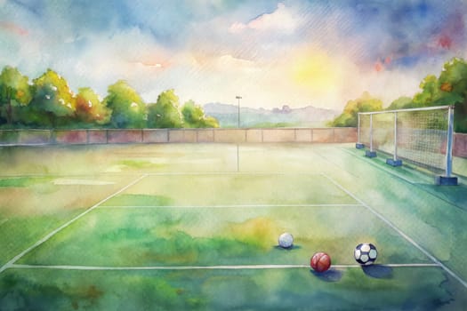 A watercolor painting depicts a soccer field with a goalpost on the left, green grass, white lines, and a single soccer ball. A pair of blue sneakers sits near a red ball in the foreground. The sun sets behind a line of trees, casting a warm glow over the scene.