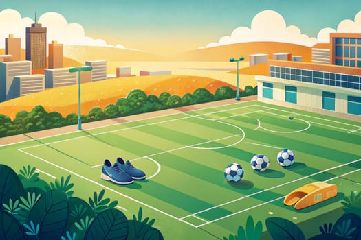 An empty soccer field awaits players under a clear evening sky, bathed in the warm glow of a setting sun. The green turf is neatly marked with white lines, and a goal stands at one end, while a pair of sneakers sits on the sidelines, ready for action. A building with windows overlooks the field, adding a touch of community to the scene.